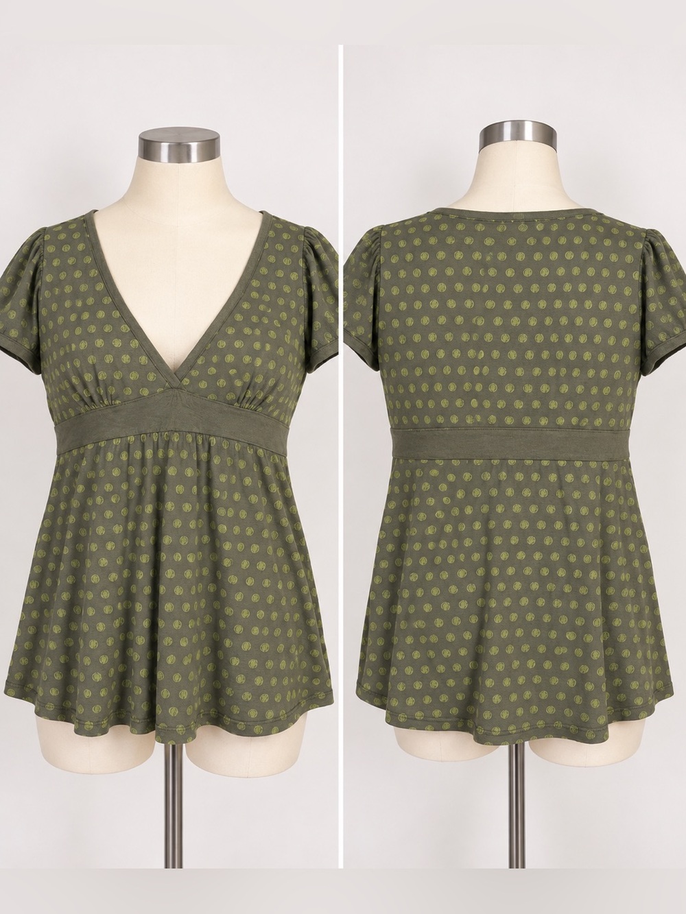 Sonoma Life + Style XL Olive Green Polka Dot Empire Waist V Neck Top